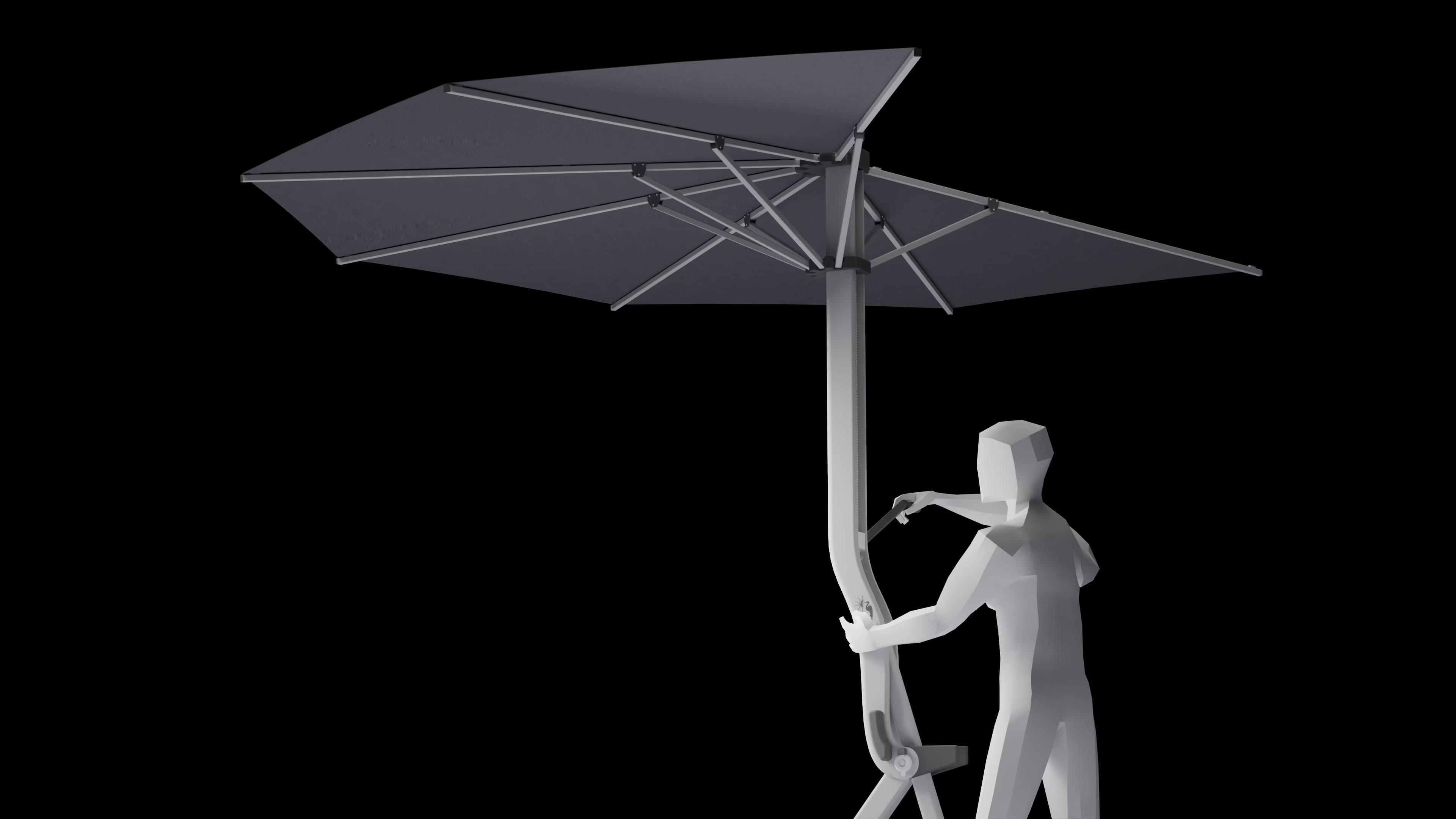 The umbrella fully open, a person at the crank