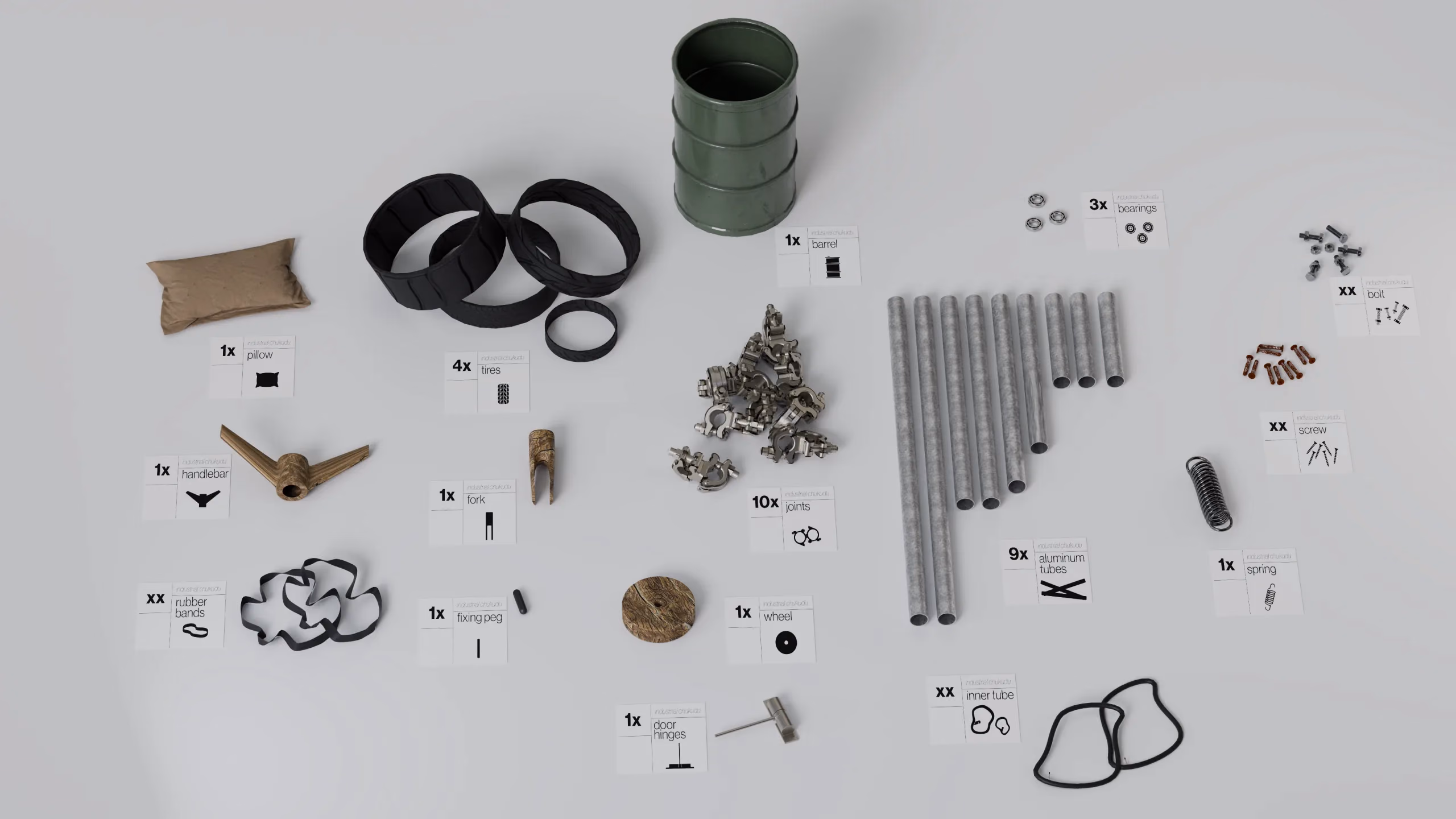 The abacus: salvaged components laid out and labelled on a white surface