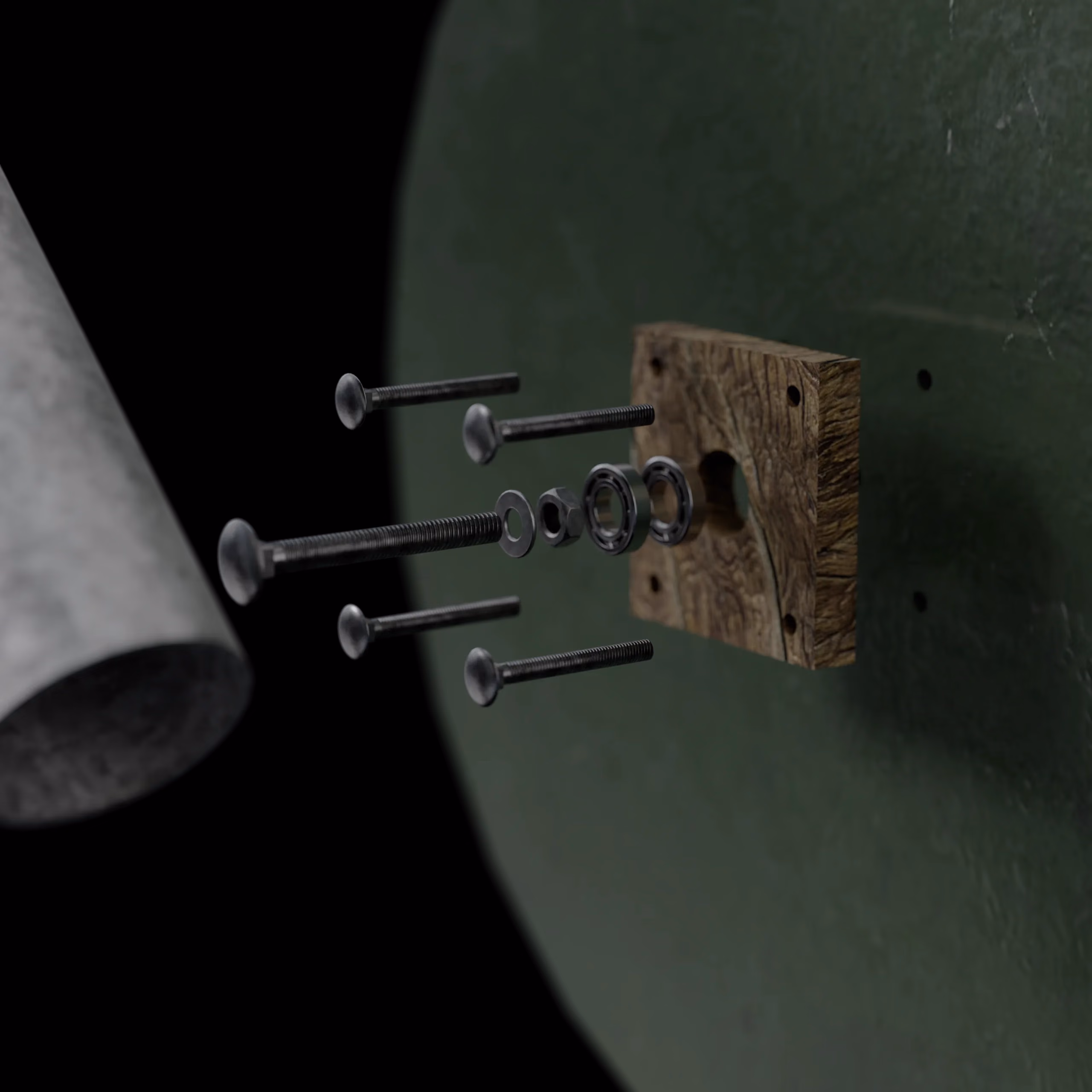 The drum wheel exploded: tube, bolts, washers and the wooden block