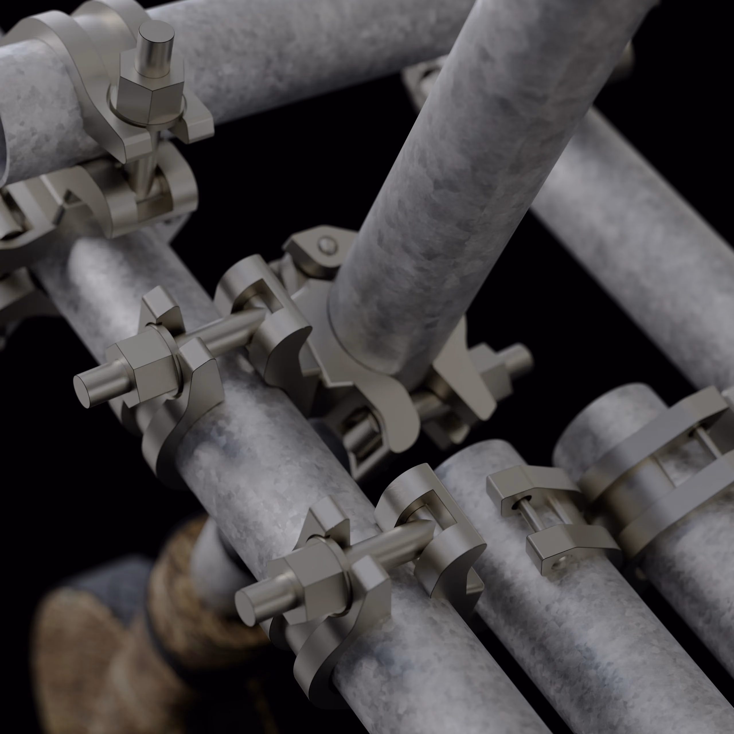 Close-up of the scaffolding couplers that hold the frame together
