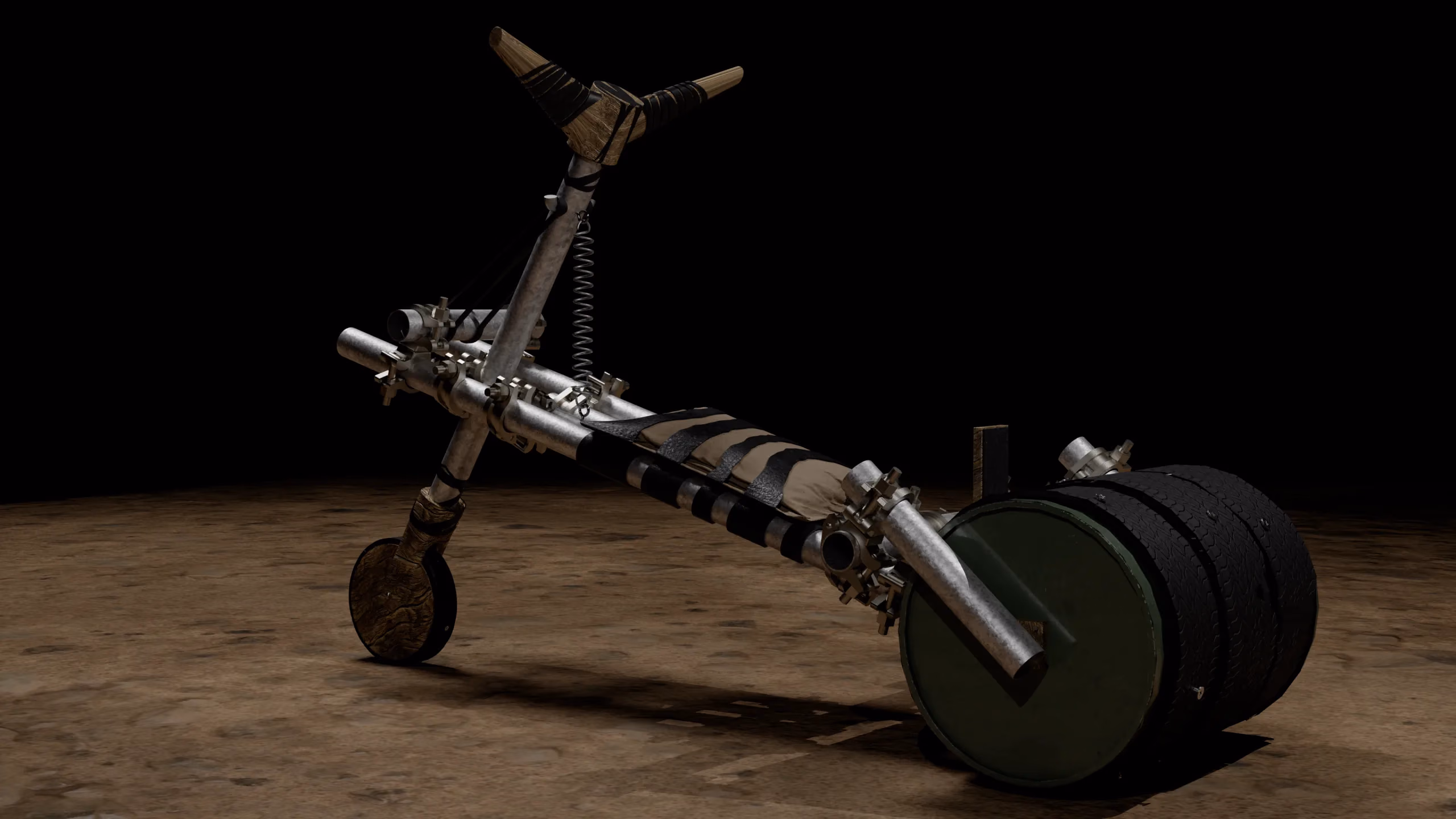 The Industrial Chukudu seen from the side, loaded on its drum wheel
