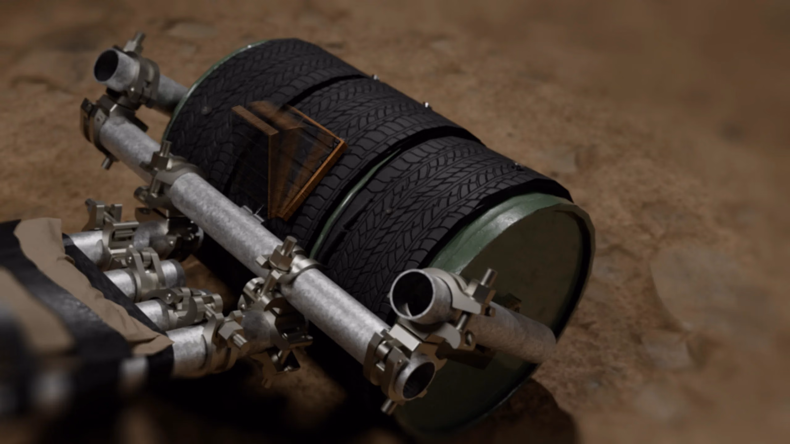 The rear drum wheel, strapped and bolted to the frame