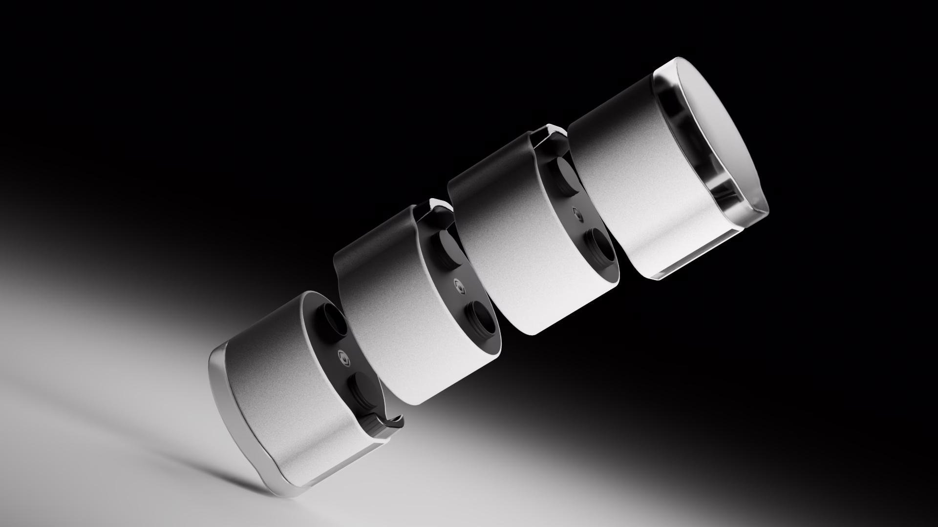 The four modules and the cap pulled apart, showing their joints