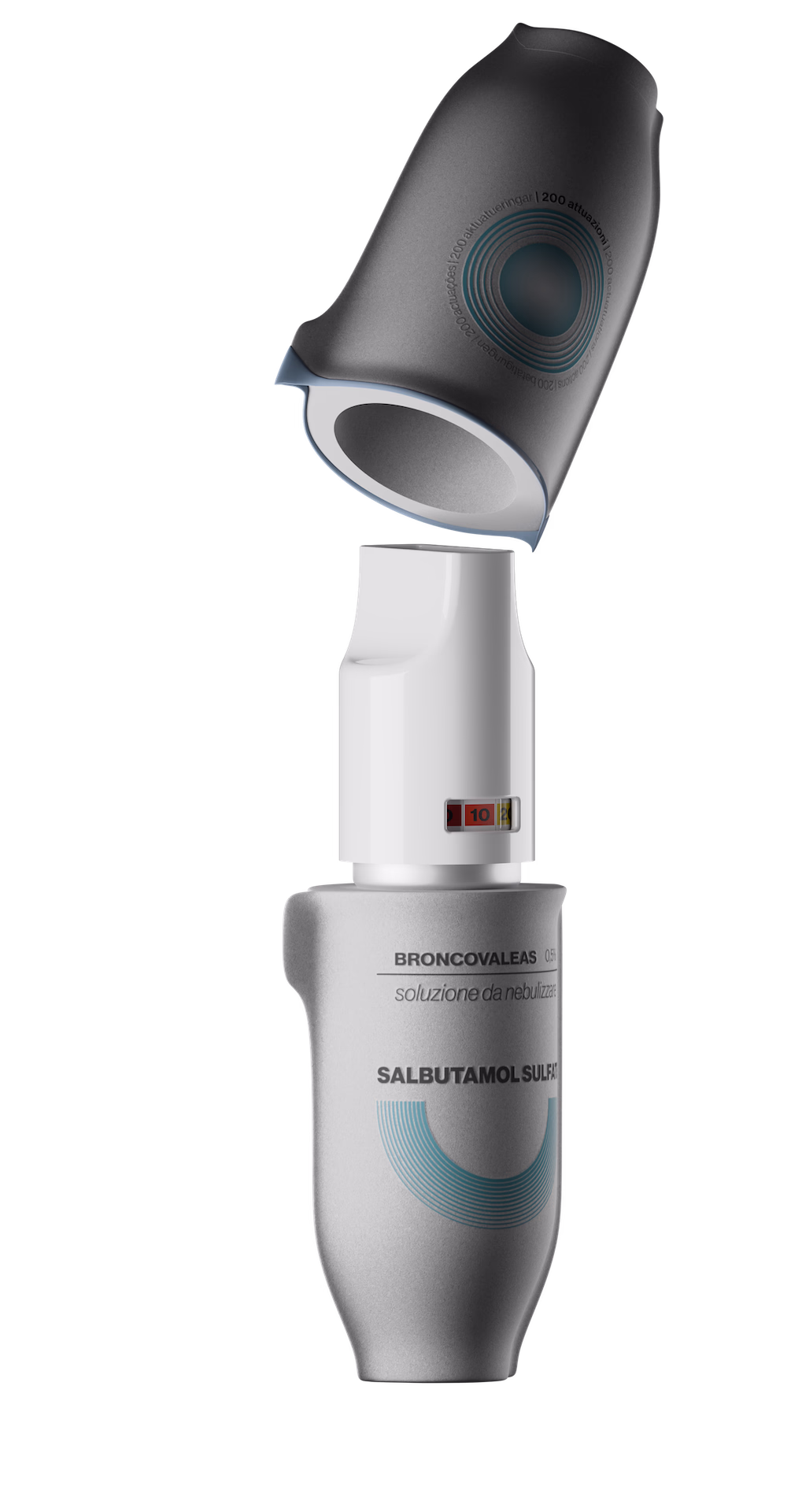 Exploded view of Halia: pulp shell, reusable mouthpiece and aluminium vial