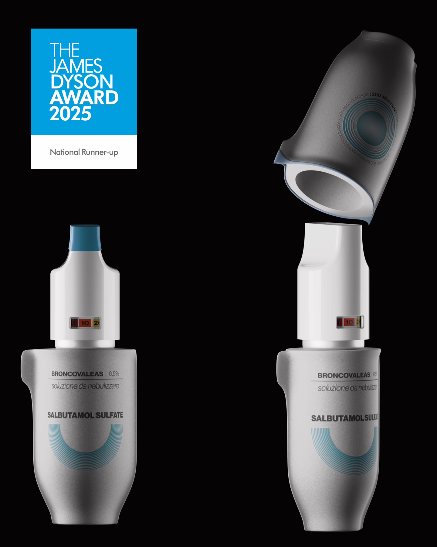 Two Halia inhalers, one open, with the James Dyson Award 2025 National Runner-up badge
