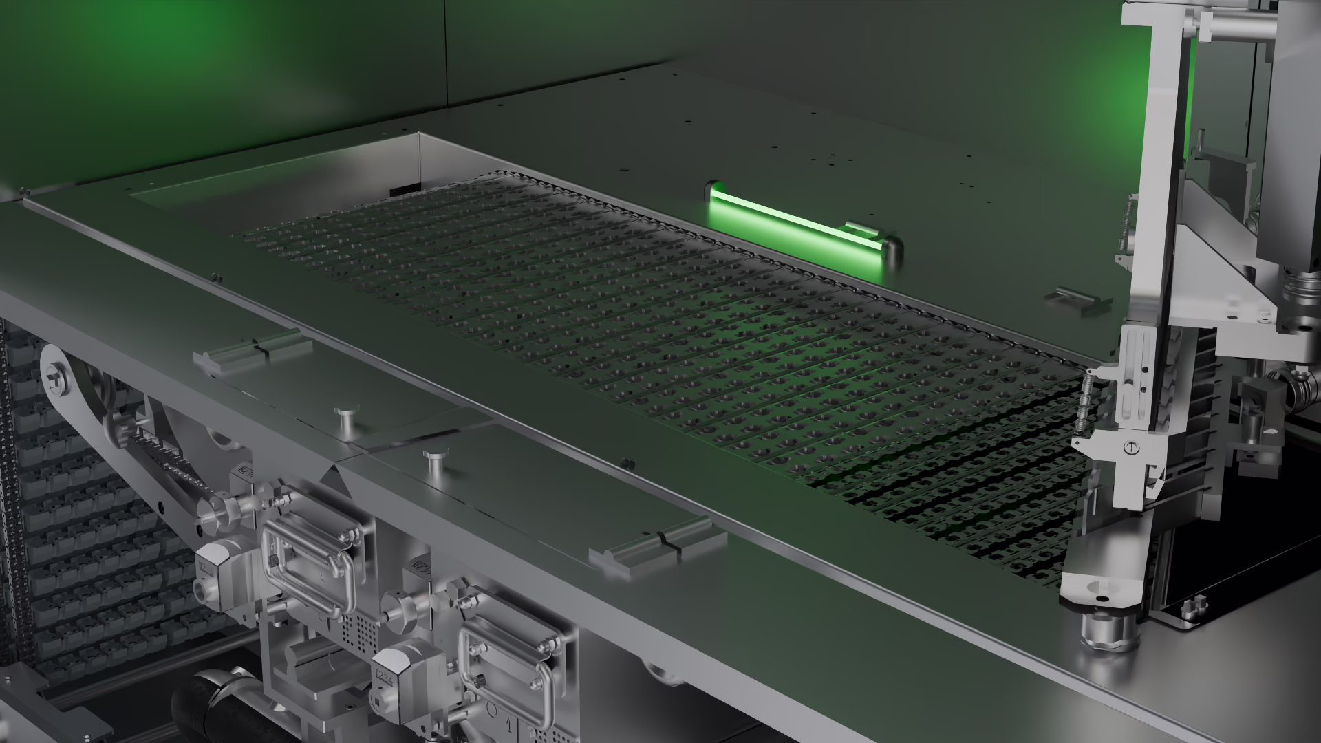 The green light bar low over the inspection deck