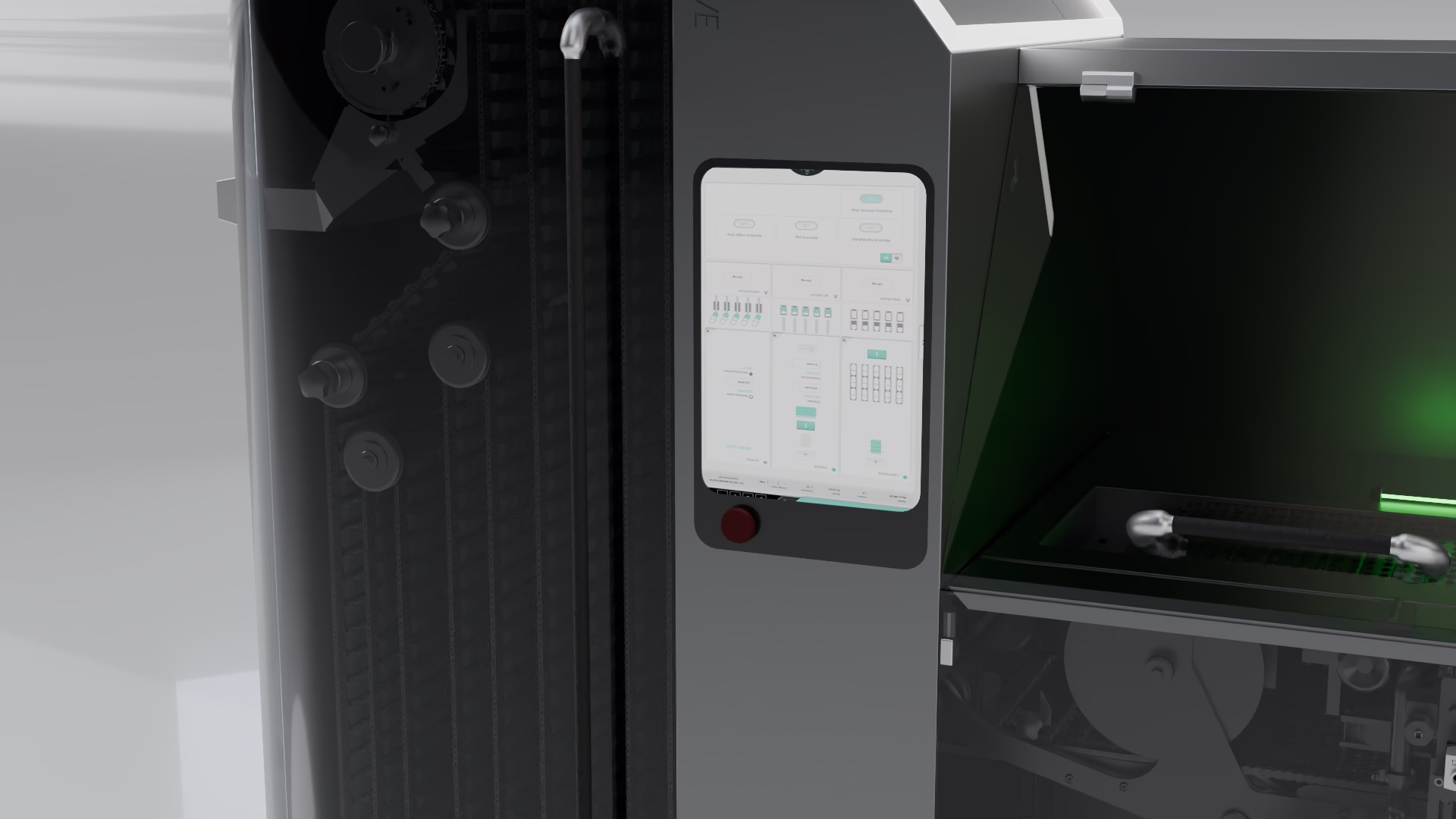 The touch panel beside the inspection area, lit green