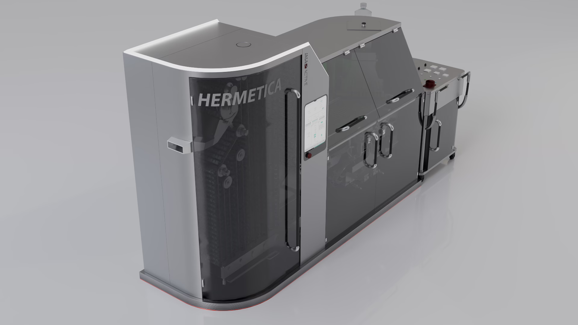 Hermetica from the front corner, with the touch panel set into its side