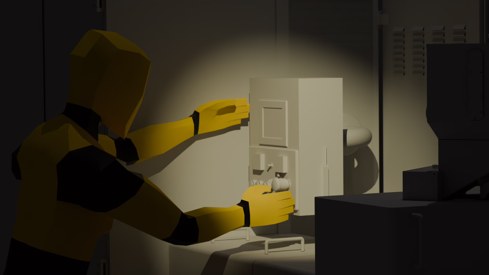 Ergonomic study: an operator figure reaching the original control panel