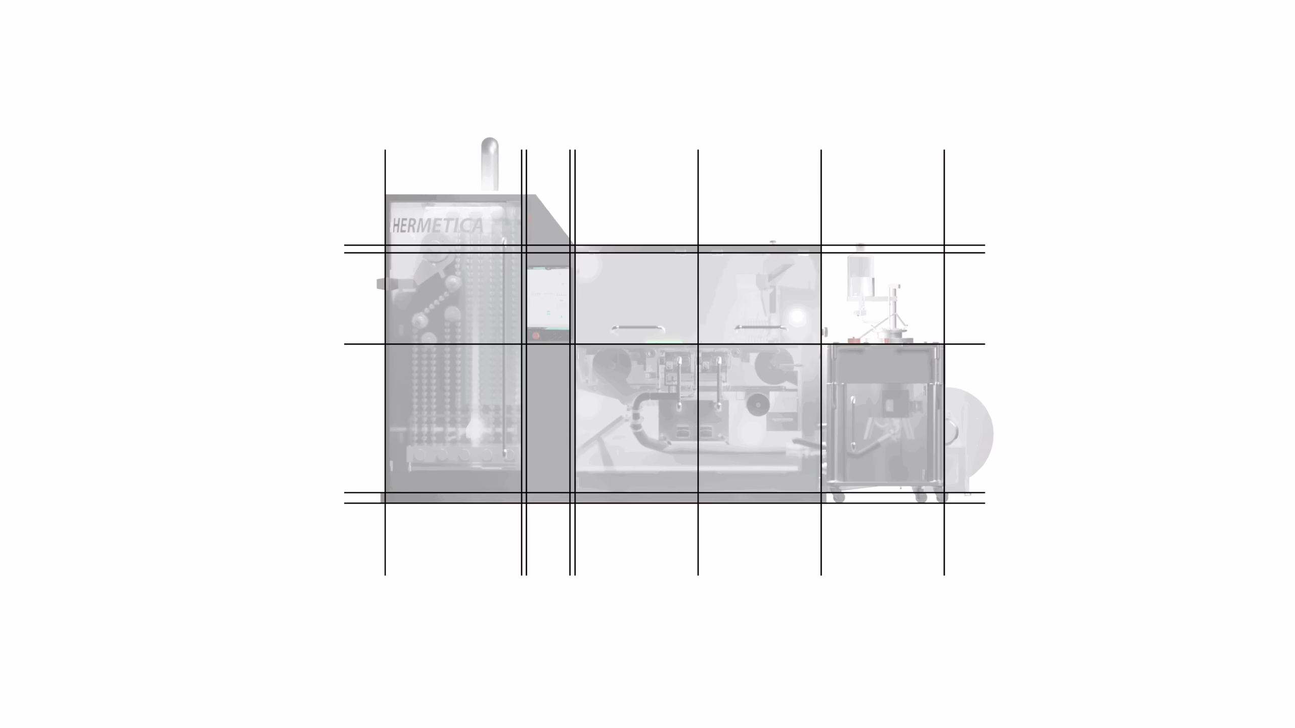 Side view of Hermetica with a golden ratio grid over its volumes