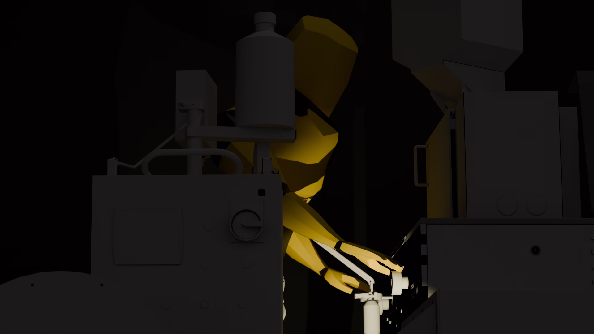Ergonomic study: an operator figure turning the adjustment knobs