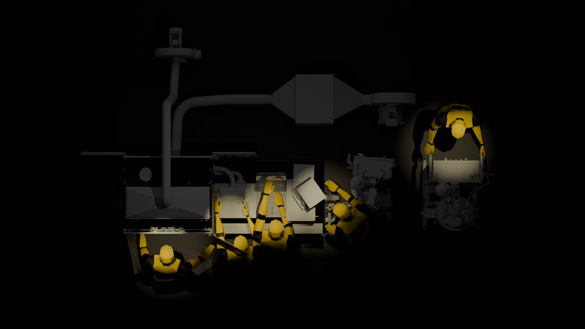 Top view of the original machine, with operator figures at each station