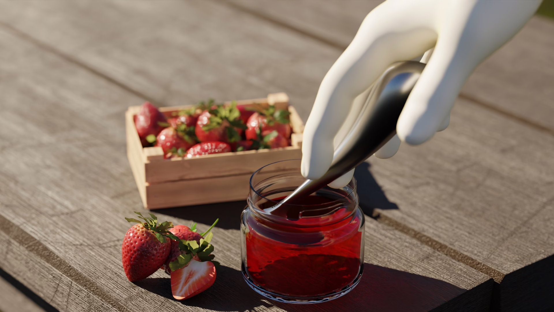 A hand scooping jam out of a glass jar with Ilia, next to a crate of strawberries