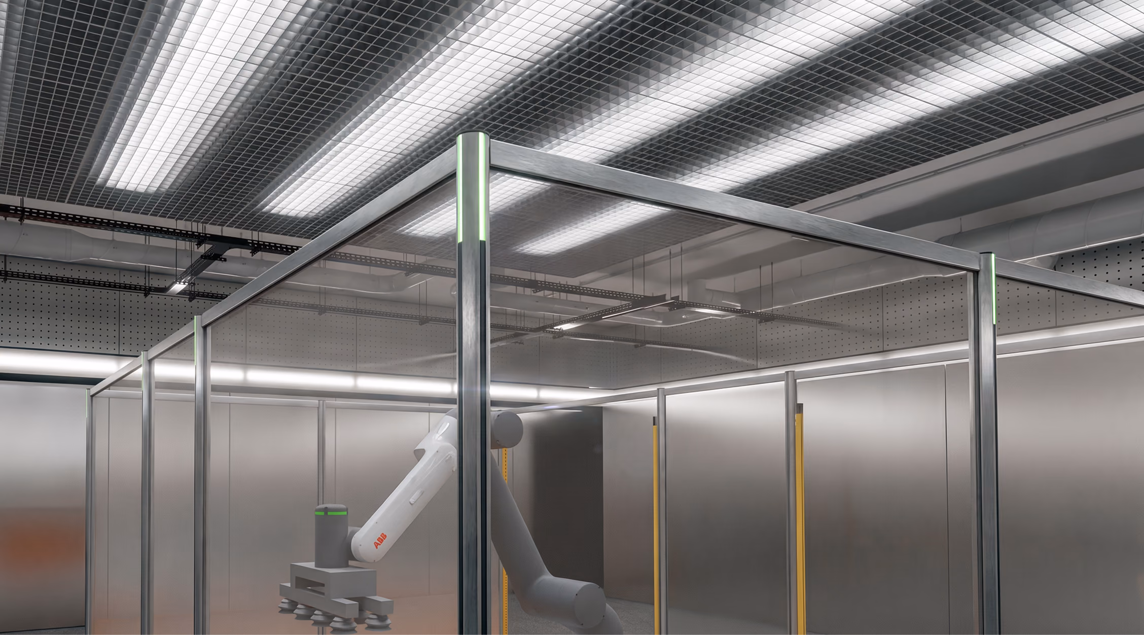 The enclosure seen from below: stainless posts with green LED strips, PMMA panels, the GoFa inside