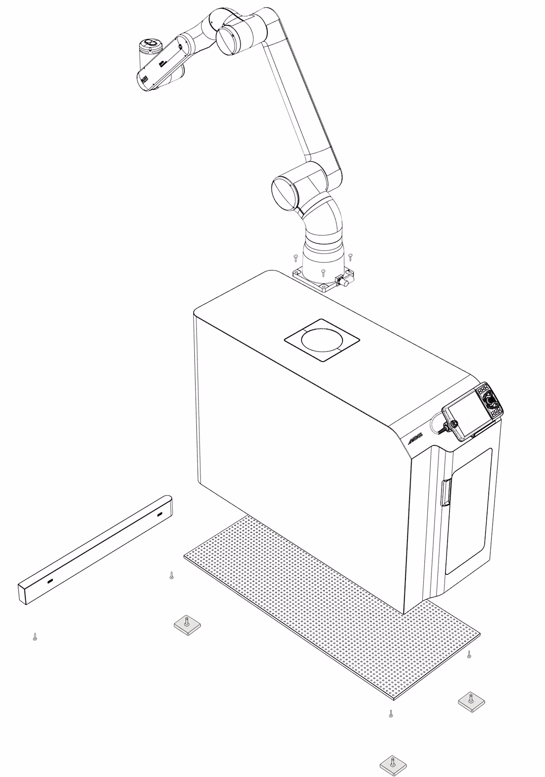 Line drawing: the core module exploded above its pegboard base, with the GoFa on top