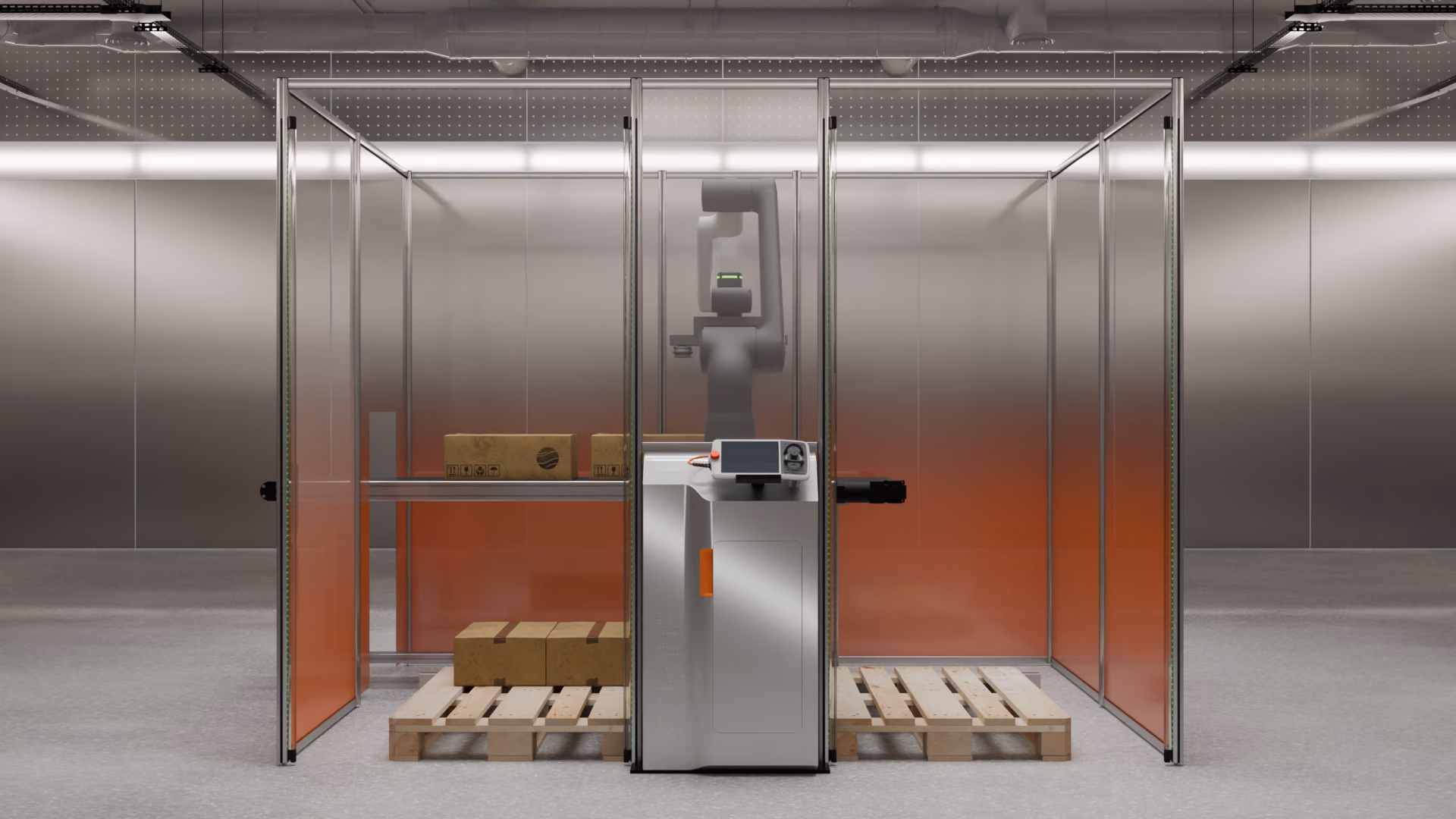 Mechanè from the front: the core module with the HMI, the GoFa behind it, a pallet on each side, orange panels inside the frame