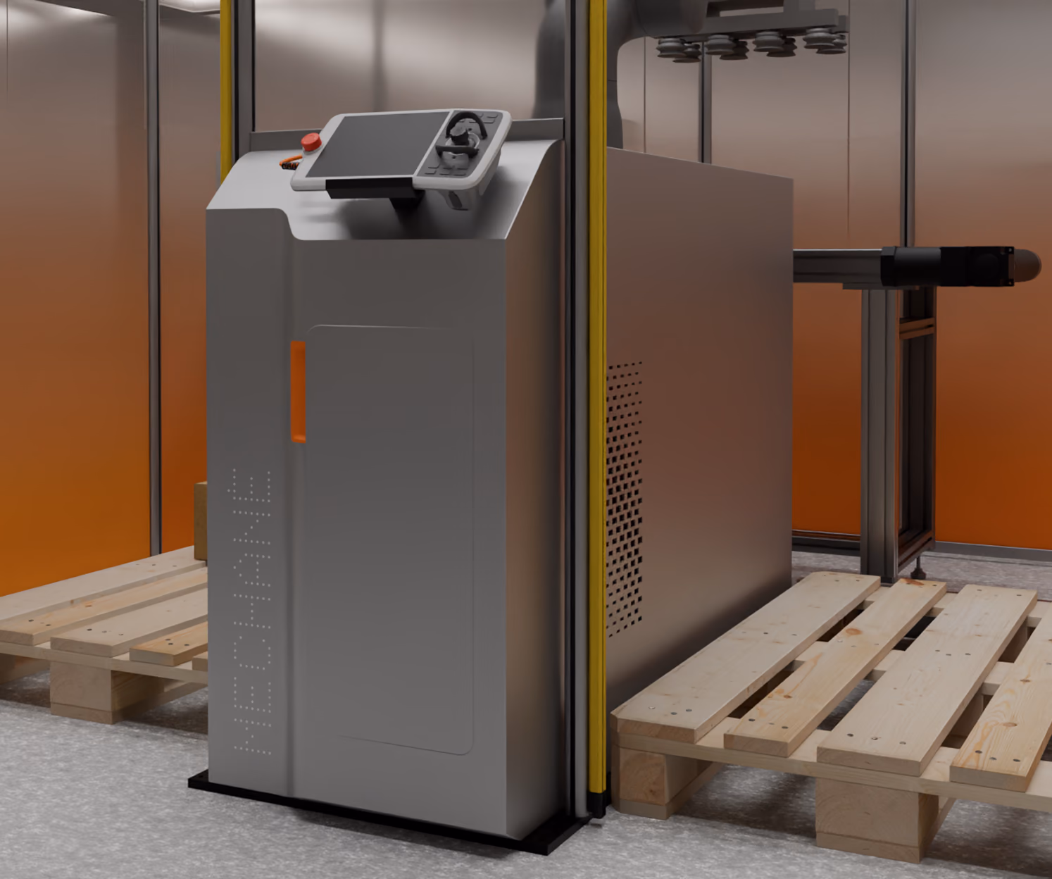 The core module in stainless steel, the HMI on top, the maintenance door on the side