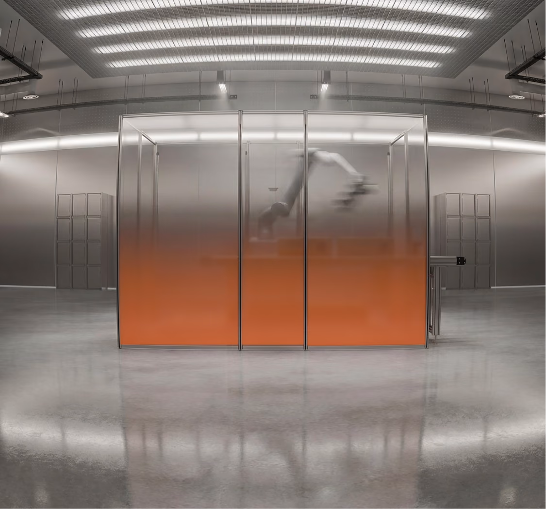 Mechanè from the front with the orange gradient on the panels, the robot visible above it