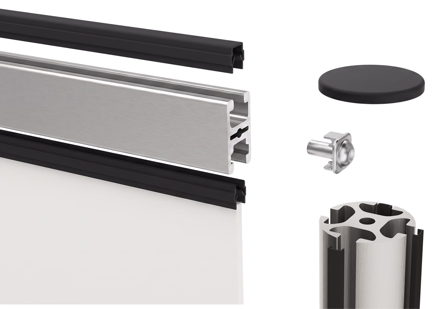 The item parts of one sub-assembly: aluminium profile, cover profiles, end cap and fastening set