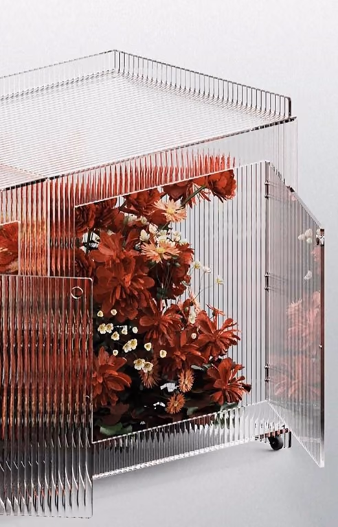 Reference: flowers inside a ribbed transparent case