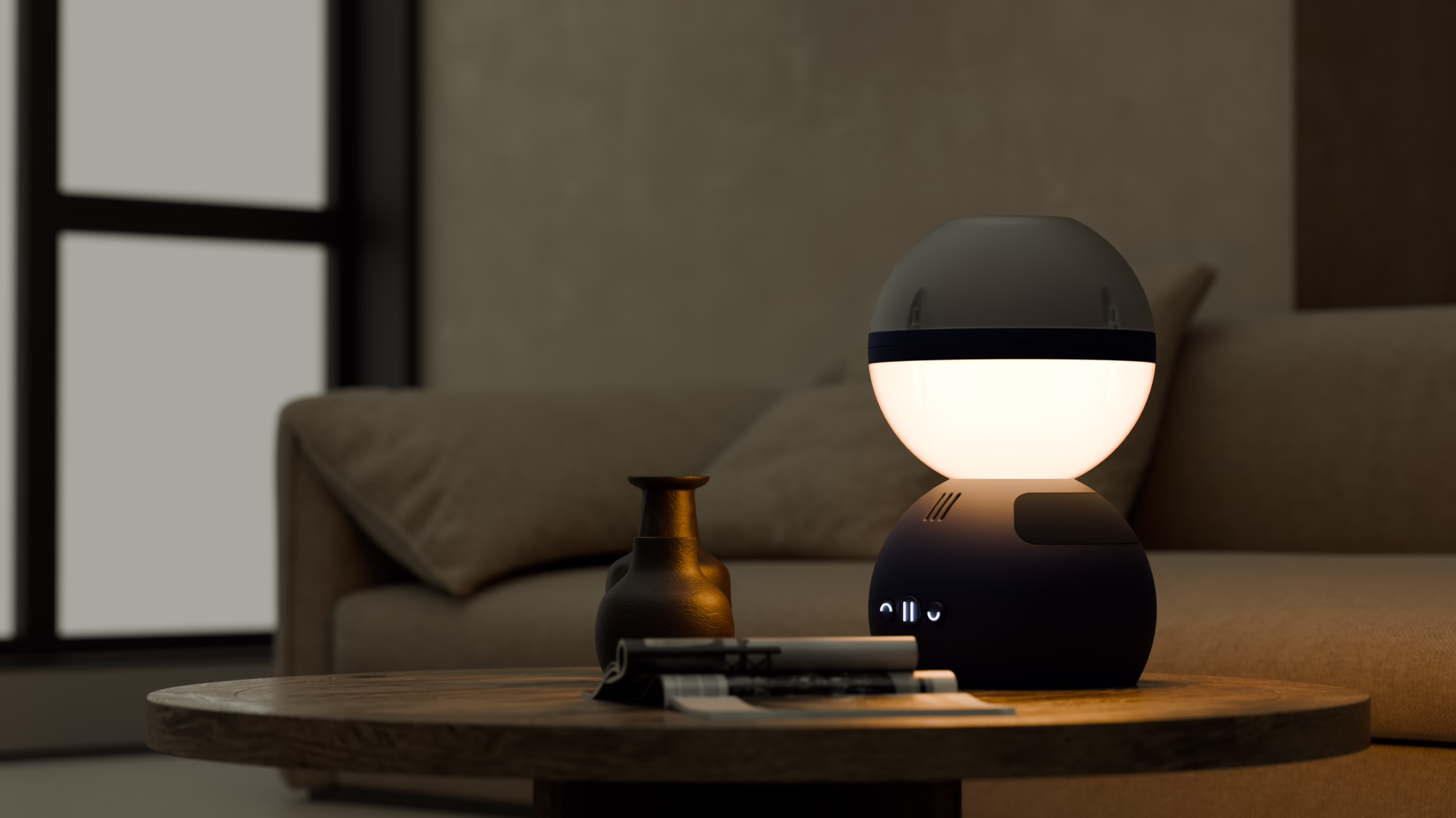 Otto lit on a low table in a living room