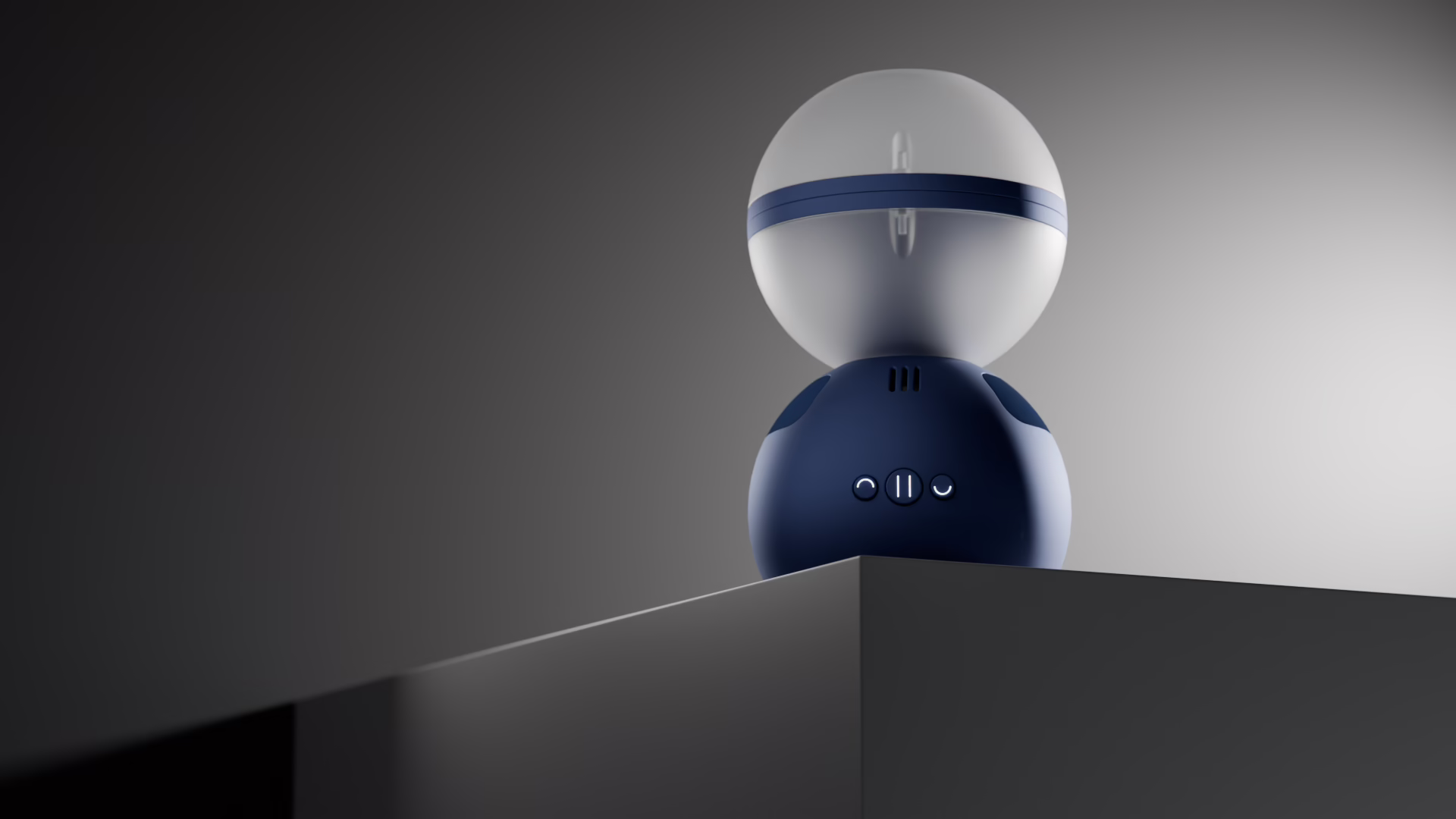 Otto on a dark ledge, seen from below: dark blue base with three buttons, clear upper sphere with a blue band