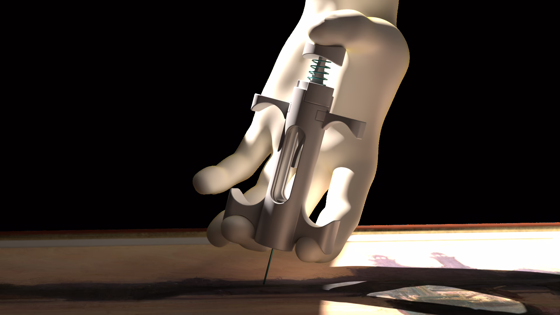 A hand on Palmo, with the needle at the edge of a canvas