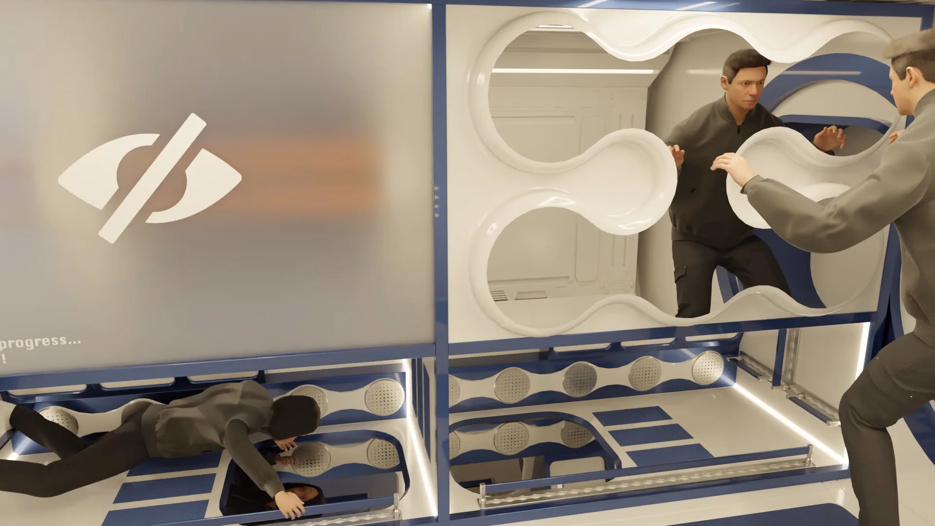 Two astronauts in the module, one floating past the stowed poncho