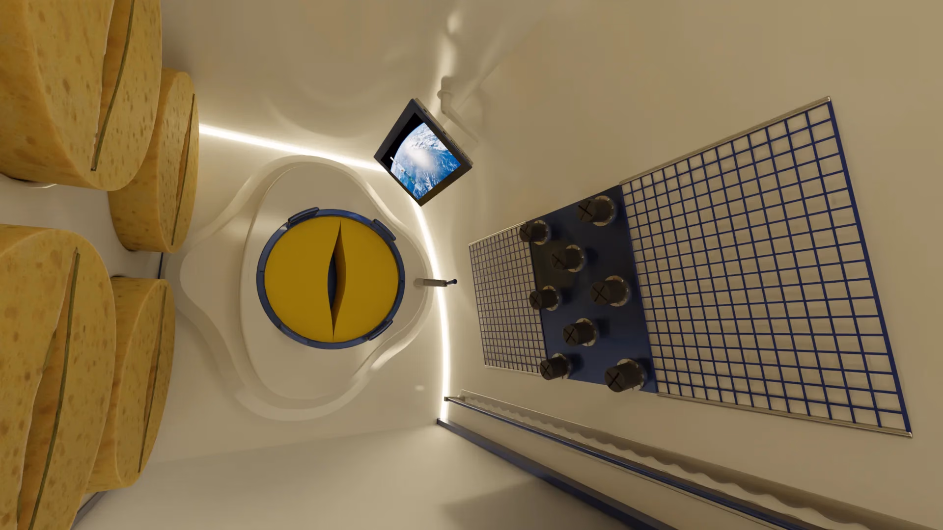 Inside the module: the screen, the sponge holders and the grid floor