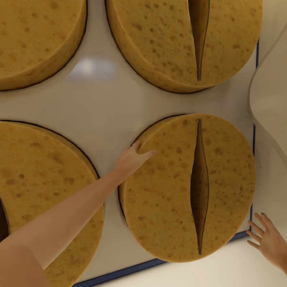 A rack of personal sponges on the module wall, a hand taking one