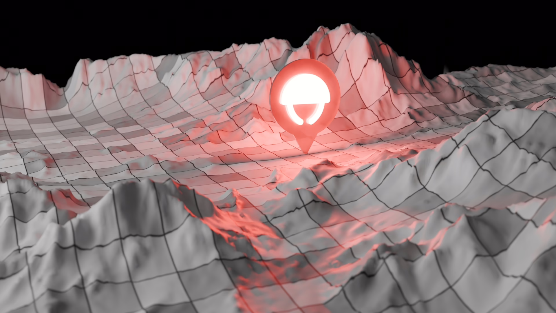 A 3D terrain model of the site with a glowing pin on the injured worker