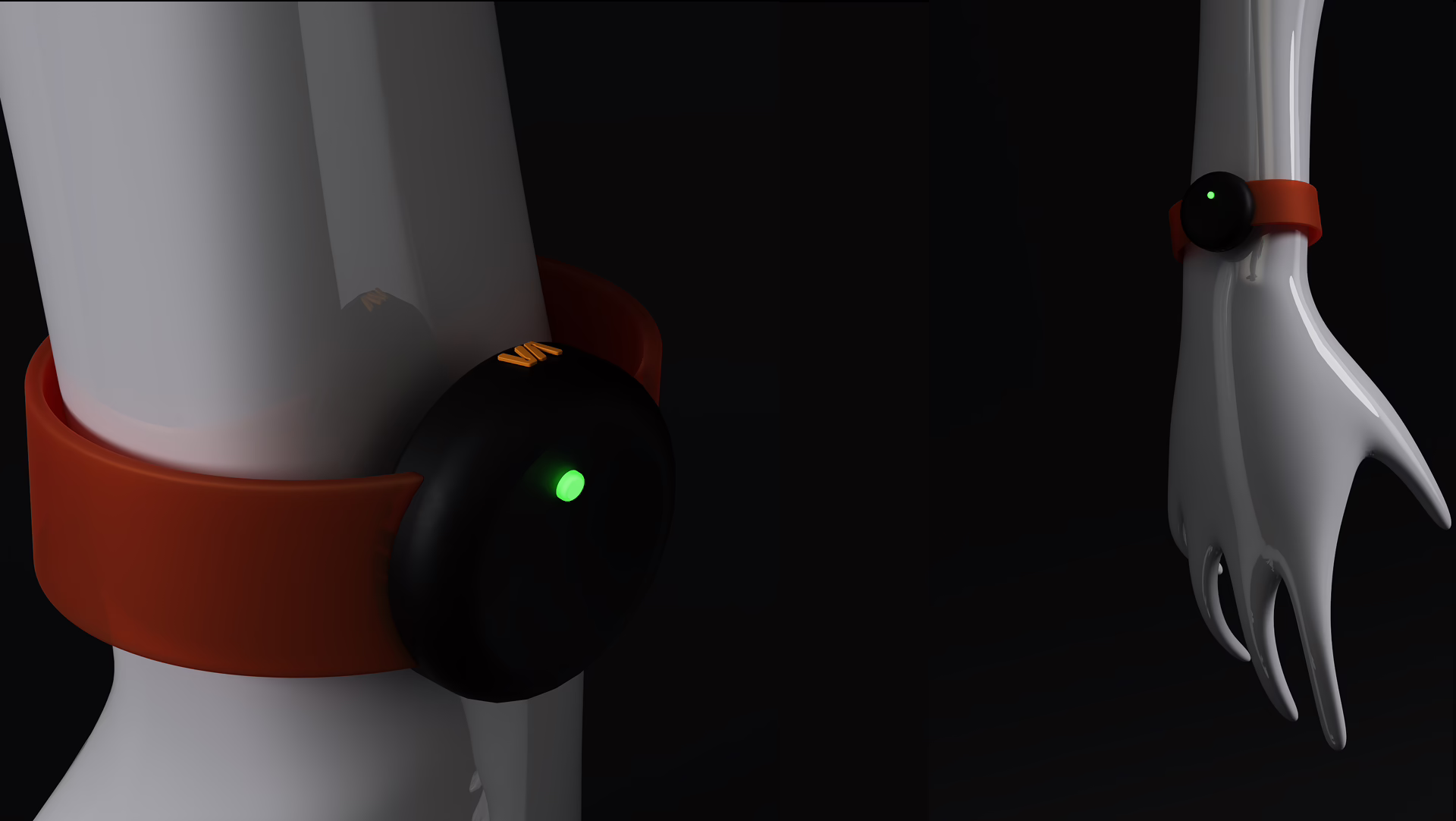 ResQ.Vital, an orange band with a black sensor, on a mannequin's wrist