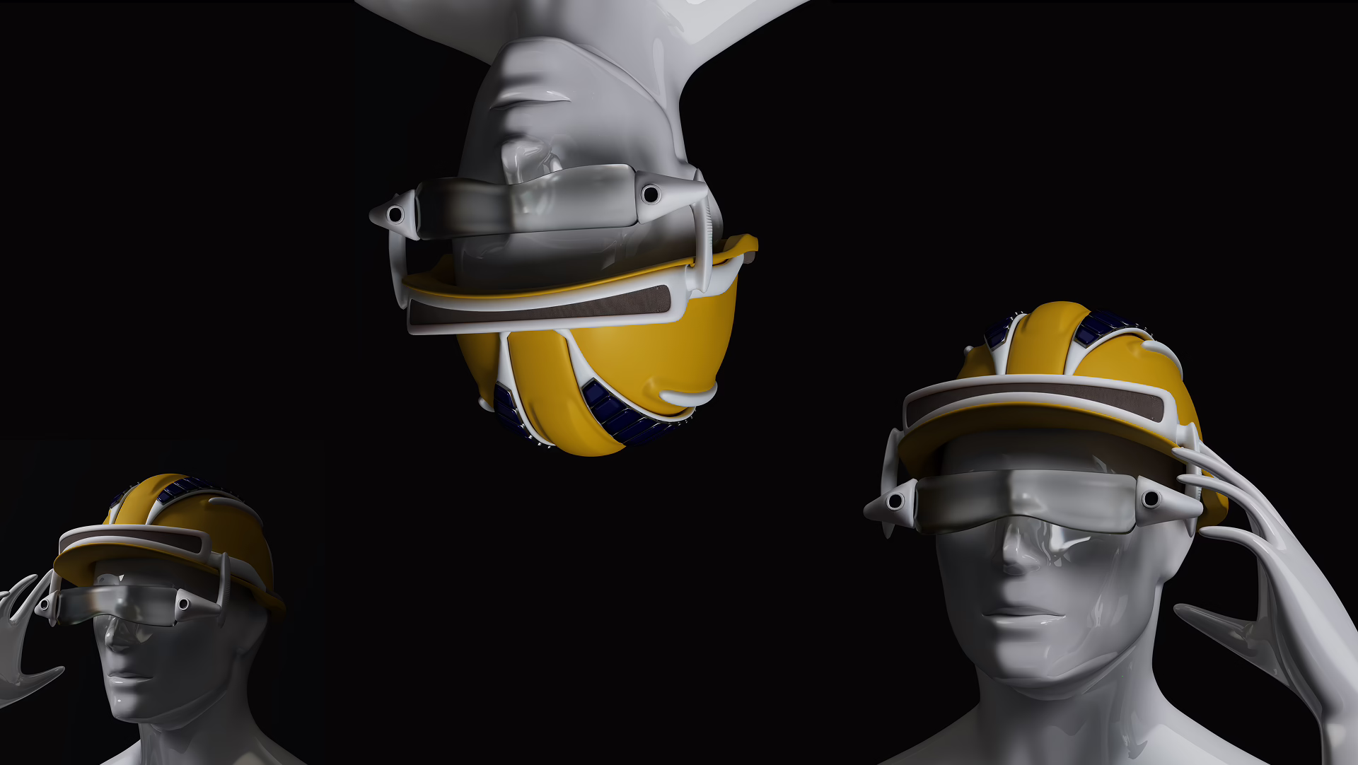 Three mannequins wearing ResQ.Helmet, one of them upside down