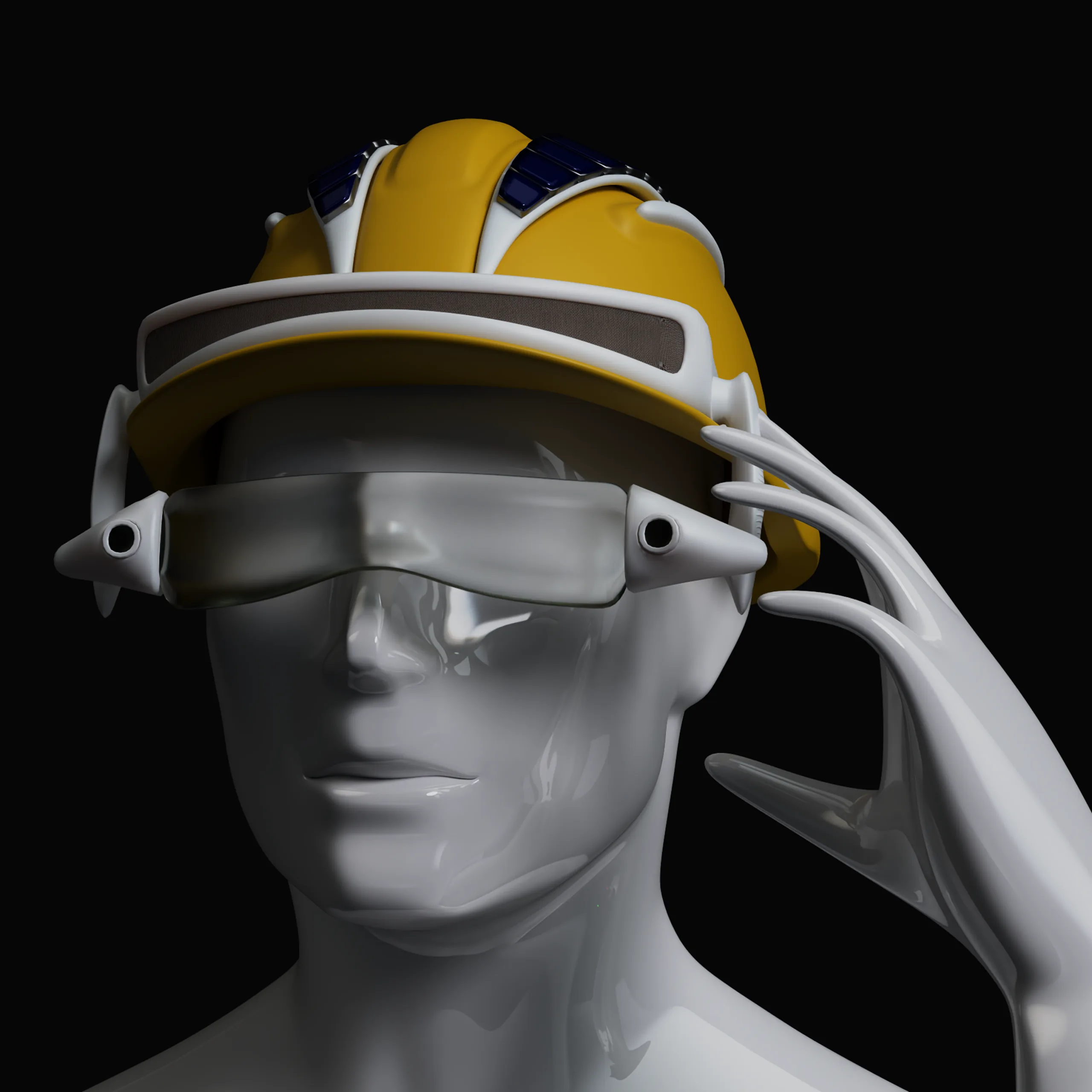 ResQ.Helmet on a mannequin, with the visor lowered